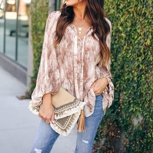 Way of Life Balloon Sleeve Plisse Tie Blouse